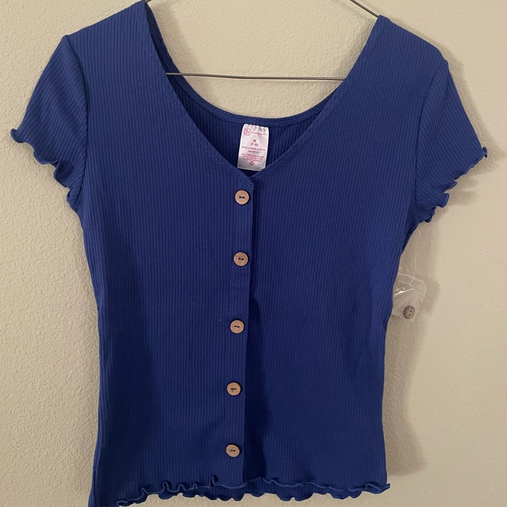 Blue Button-Up Ribbed Top